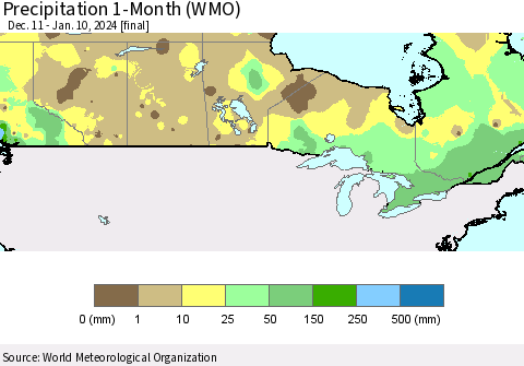 Canada Precipitation 1-Month (WMO) Thematic Map For 12/11/2023 - 1/10/2024