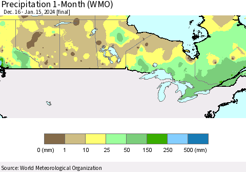 Canada Precipitation 1-Month (WMO) Thematic Map For 12/16/2023 - 1/15/2024