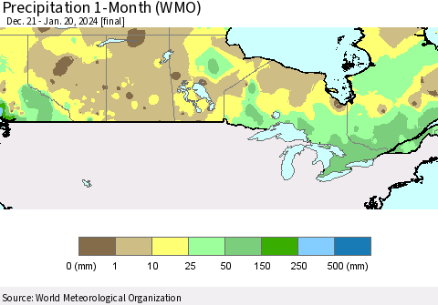 Canada Precipitation 1-Month (WMO) Thematic Map For 12/21/2023 - 1/20/2024