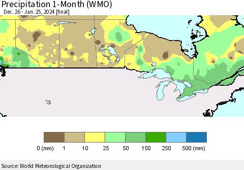 Canada Precipitation 1-Month (WMO) Thematic Map For 12/26/2023 - 1/25/2024