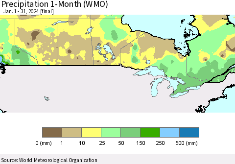 Canada Precipitation 1-Month (WMO) Thematic Map For 1/1/2024 - 1/31/2024