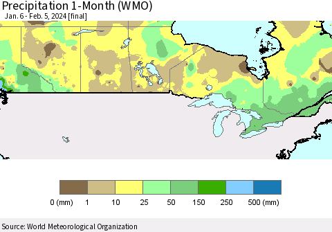 Canada Precipitation 1-Month (WMO) Thematic Map For 1/6/2024 - 2/5/2024