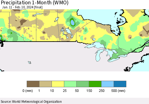Canada Precipitation 1-Month (WMO) Thematic Map For 1/11/2024 - 2/10/2024