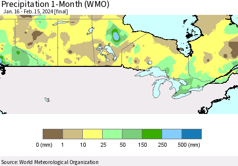 Canada Precipitation 1-Month (WMO) Thematic Map For 1/16/2024 - 2/15/2024