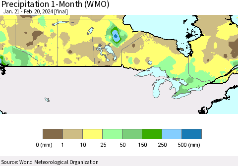 Canada Precipitation 1-Month (WMO) Thematic Map For 1/21/2024 - 2/20/2024