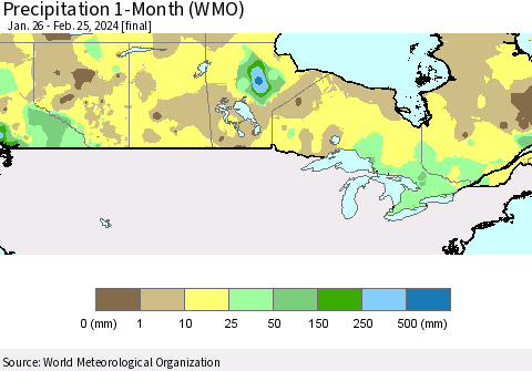 Canada Precipitation 1-Month (WMO) Thematic Map For 1/26/2024 - 2/25/2024