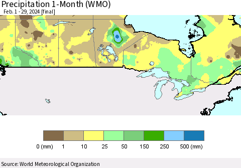 Canada Precipitation 1-Month (WMO) Thematic Map For 2/1/2024 - 2/29/2024