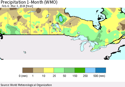 Canada Precipitation 1-Month (WMO) Thematic Map For 2/6/2024 - 3/5/2024