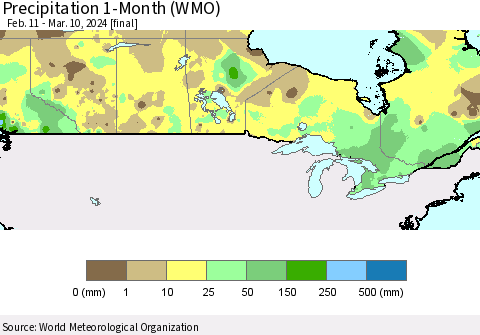 Canada Precipitation 1-Month (WMO) Thematic Map For 2/11/2024 - 3/10/2024