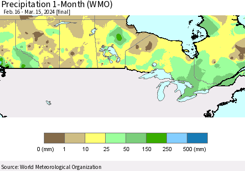 Canada Precipitation 1-Month (WMO) Thematic Map For 2/16/2024 - 3/15/2024