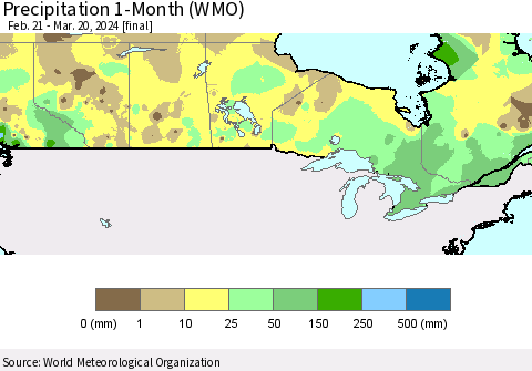 Canada Precipitation 1-Month (WMO) Thematic Map For 2/21/2024 - 3/20/2024