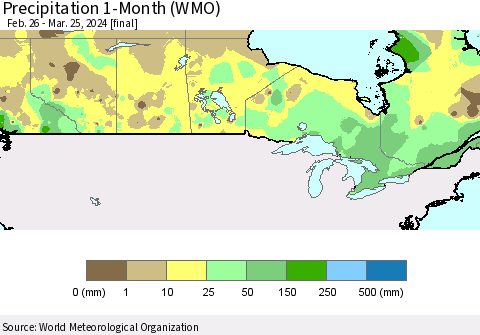 Canada Precipitation 1-Month (WMO) Thematic Map For 2/26/2024 - 3/25/2024