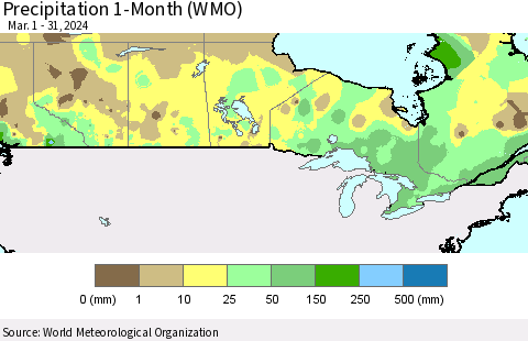 Canada Precipitation 1-Month (WMO) Thematic Map For 3/1/2024 - 3/31/2024