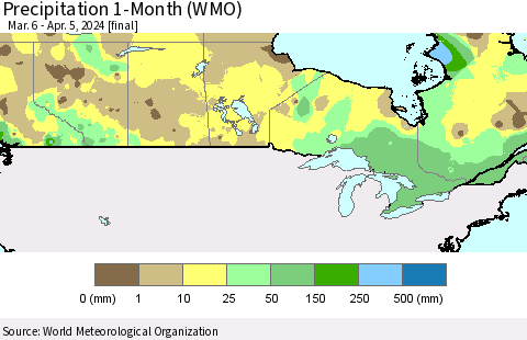 Canada Precipitation 1-Month (WMO) Thematic Map For 3/6/2024 - 4/5/2024