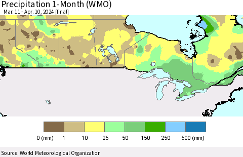 Canada Precipitation 1-Month (WMO) Thematic Map For 3/11/2024 - 4/10/2024
