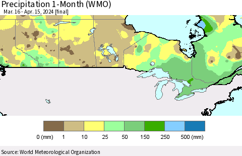 Canada Precipitation 1-Month (WMO) Thematic Map For 3/16/2024 - 4/15/2024