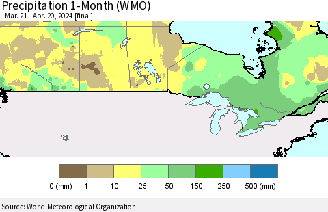 Canada Precipitation 1-Month (WMO) Thematic Map For 3/21/2024 - 4/20/2024