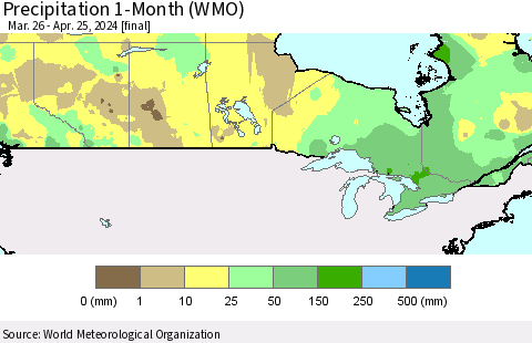 Canada Precipitation 1-Month (WMO) Thematic Map For 3/26/2024 - 4/25/2024