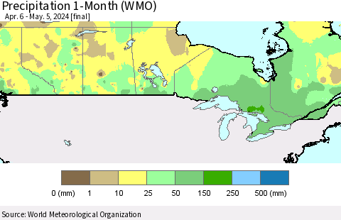 Canada Precipitation 1-Month (WMO) Thematic Map For 4/6/2024 - 5/5/2024
