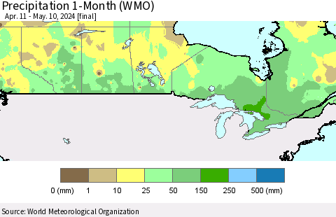 Canada Precipitation 1-Month (WMO) Thematic Map For 4/11/2024 - 5/10/2024