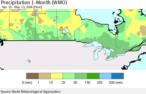 Canada Precipitation 1-Month (WMO) Thematic Map For 4/16/2024 - 5/15/2024