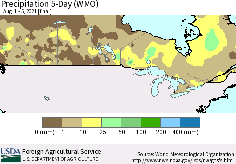 Canada Precipitation 5-Day (WMO) Thematic Map For 8/1/2021 - 8/5/2021