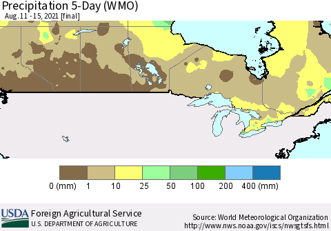 Canada Precipitation 5-Day (WMO) Thematic Map For 8/11/2021 - 8/15/2021