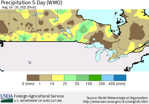 Canada Precipitation 5-Day (WMO) Thematic Map For 8/16/2021 - 8/20/2021