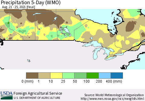 Canada Precipitation 5-Day (WMO) Thematic Map For 8/21/2021 - 8/25/2021