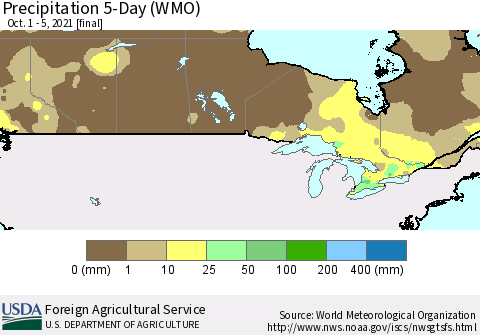 Canada Precipitation 5-Day (WMO) Thematic Map For 10/1/2021 - 10/5/2021