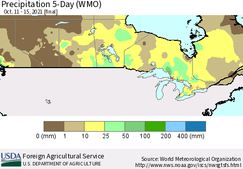 Canada Precipitation 5-Day (WMO) Thematic Map For 10/11/2021 - 10/15/2021