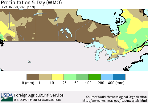 Canada Precipitation 5-Day (WMO) Thematic Map For 10/16/2021 - 10/20/2021