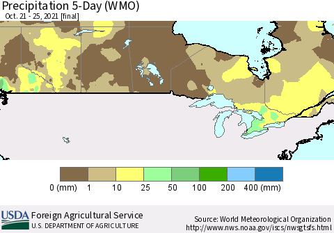 Canada Precipitation 5-Day (WMO) Thematic Map For 10/21/2021 - 10/25/2021