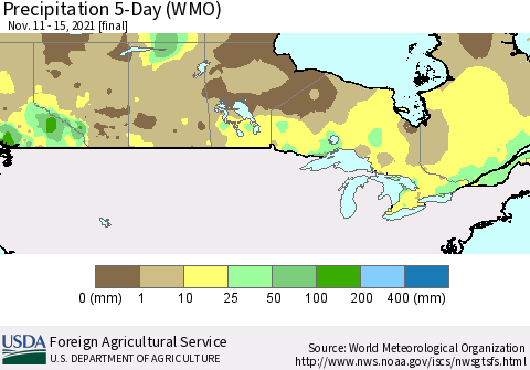 Canada Precipitation 5-Day (WMO) Thematic Map For 11/11/2021 - 11/15/2021