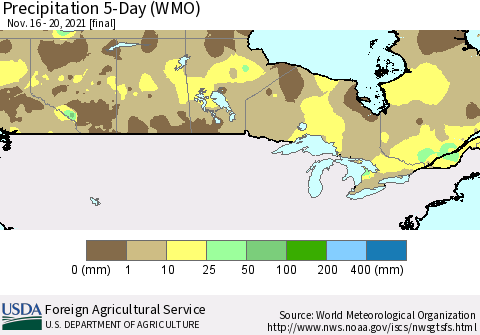 Canada Precipitation 5-Day (WMO) Thematic Map For 11/16/2021 - 11/20/2021