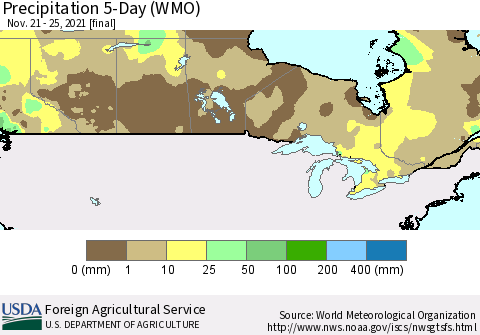 Canada Precipitation 5-Day (WMO) Thematic Map For 11/21/2021 - 11/25/2021