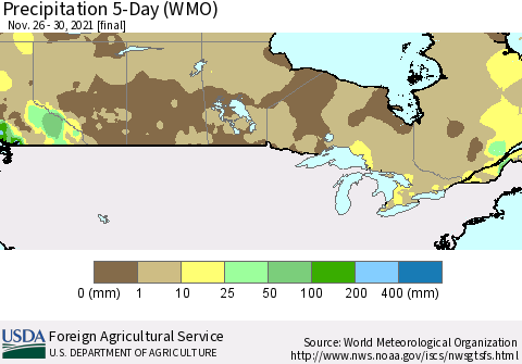 Canada Precipitation 5-Day (WMO) Thematic Map For 11/26/2021 - 11/30/2021