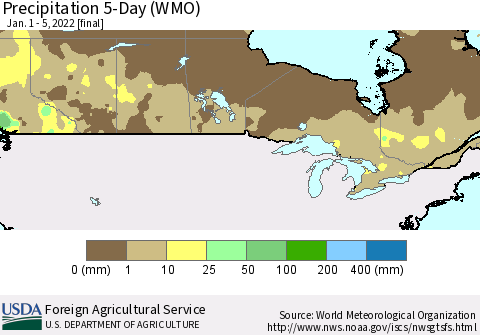 Canada Precipitation 5-Day (WMO) Thematic Map For 1/1/2022 - 1/5/2022