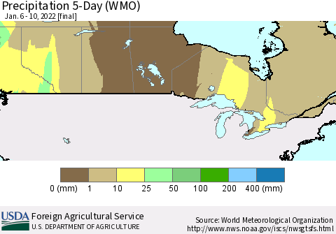Canada Precipitation 5-Day (WMO) Thematic Map For 1/6/2022 - 1/10/2022