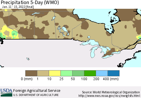 Canada Precipitation 5-Day (WMO) Thematic Map For 1/11/2022 - 1/15/2022