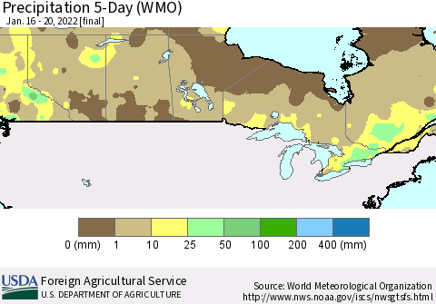 Canada Precipitation 5-Day (WMO) Thematic Map For 1/16/2022 - 1/20/2022