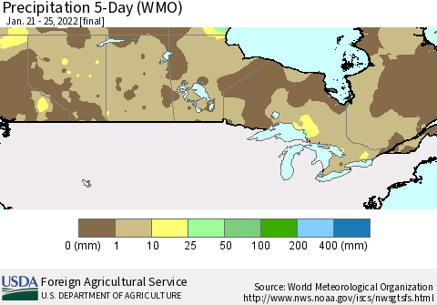 Canada Precipitation 5-Day (WMO) Thematic Map For 1/21/2022 - 1/25/2022
