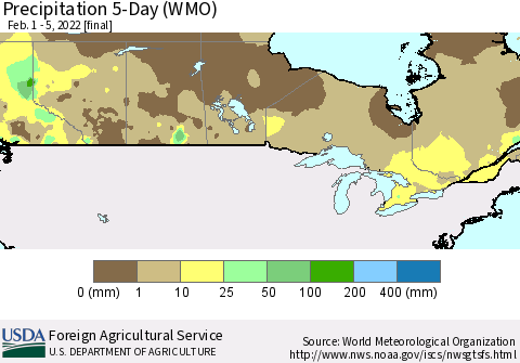 Canada Precipitation 5-Day (WMO) Thematic Map For 2/1/2022 - 2/5/2022