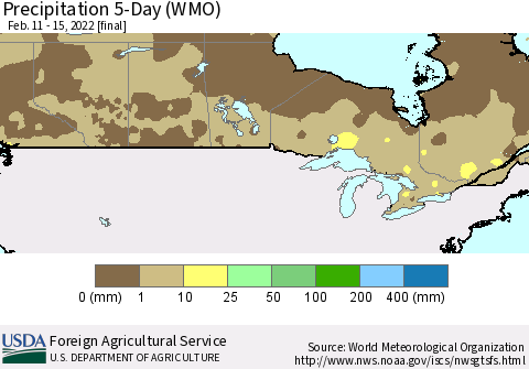 Canada Precipitation 5-Day (WMO) Thematic Map For 2/11/2022 - 2/15/2022