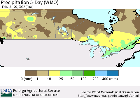 Canada Precipitation 5-Day (WMO) Thematic Map For 2/16/2022 - 2/20/2022