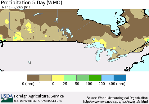 Canada Precipitation 5-Day (WMO) Thematic Map For 3/1/2022 - 3/5/2022