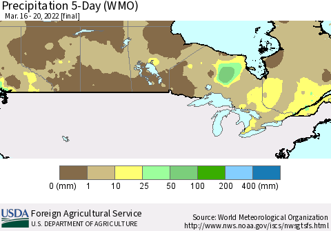 Canada Precipitation 5-Day (WMO) Thematic Map For 3/16/2022 - 3/20/2022