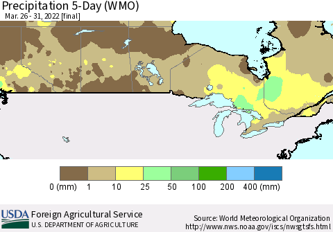 Canada Precipitation 5-Day (WMO) Thematic Map For 3/26/2022 - 3/31/2022