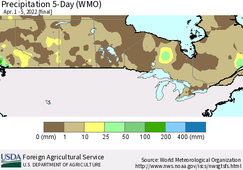 Canada Precipitation 5-Day (WMO) Thematic Map For 4/1/2022 - 4/5/2022