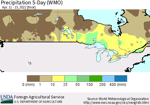 Canada Precipitation 5-Day (WMO) Thematic Map For 4/11/2022 - 4/15/2022